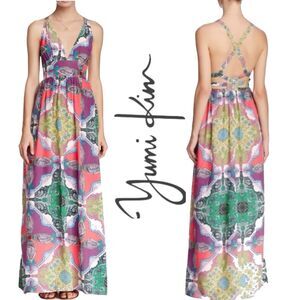 Yumi Kim Enchanted Silk Maxi Dress Mosaic Print Back‎ Cutout Detail Size Medium